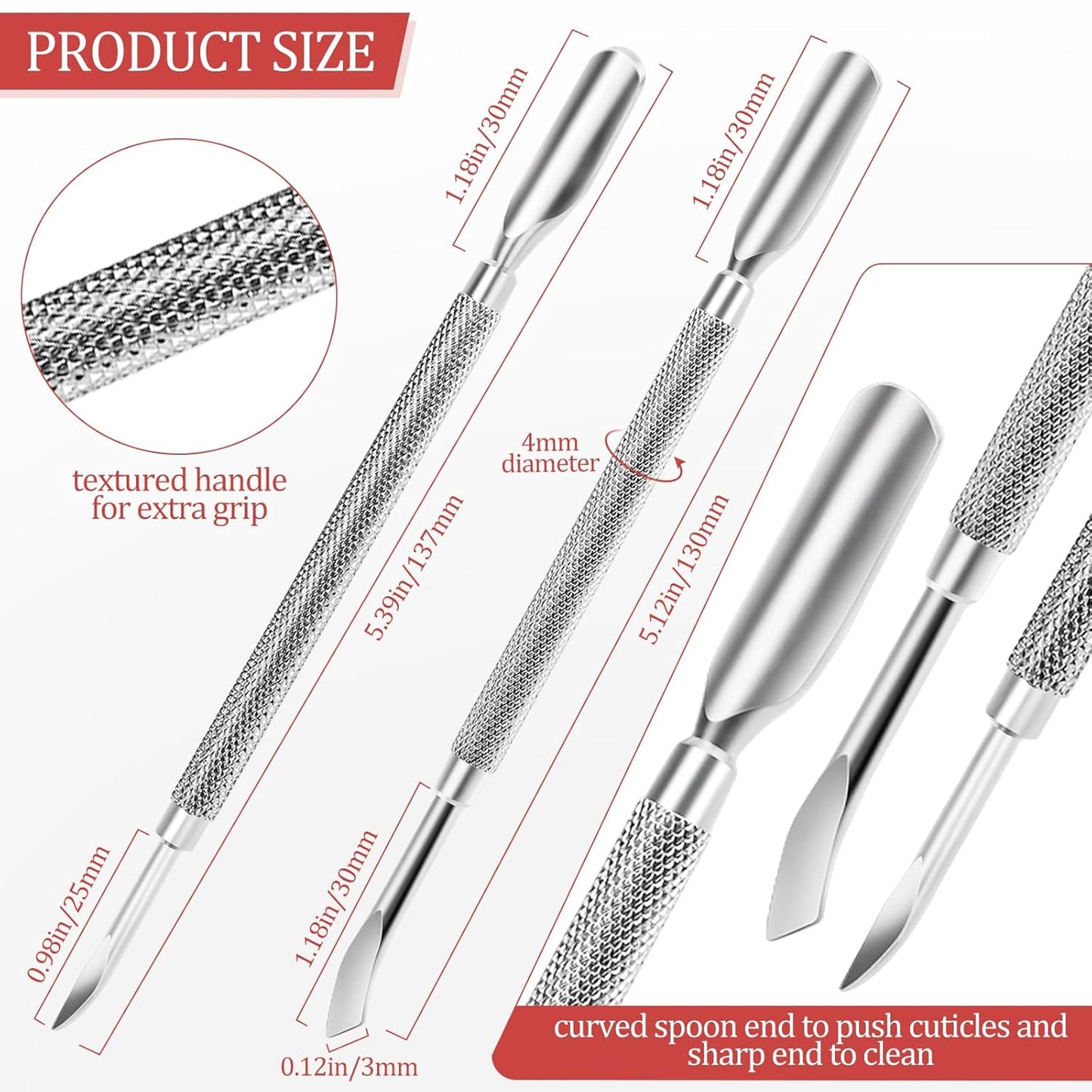 Cuticle Pusher Nail Polish Remover 2-in-1 Cuticle Trimmer Nail Care Tool Cuticle Pusher with 2 Ends Stainless Steel Manicure Tool (Pointed end + Flat Head)