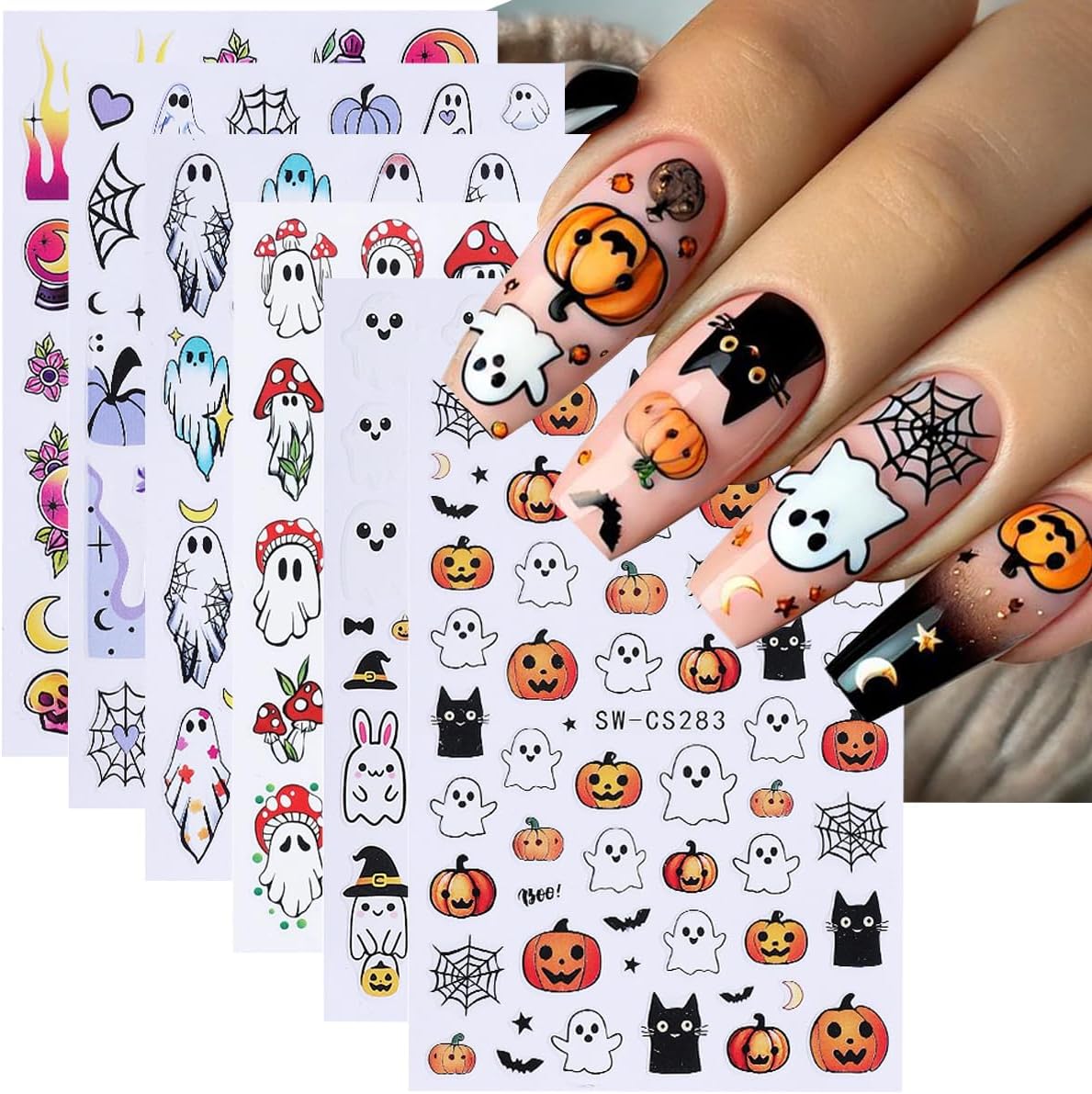 Halloween Nail Stickers for Nail Art 3D Cute Ghost Pumpkin Halloween Nail Decals Nail Art Supplies 6PCS Ghost Skull Black Cat Flame Pumpkin Nails Design Manicure Stickers for Nails DIY Decoration