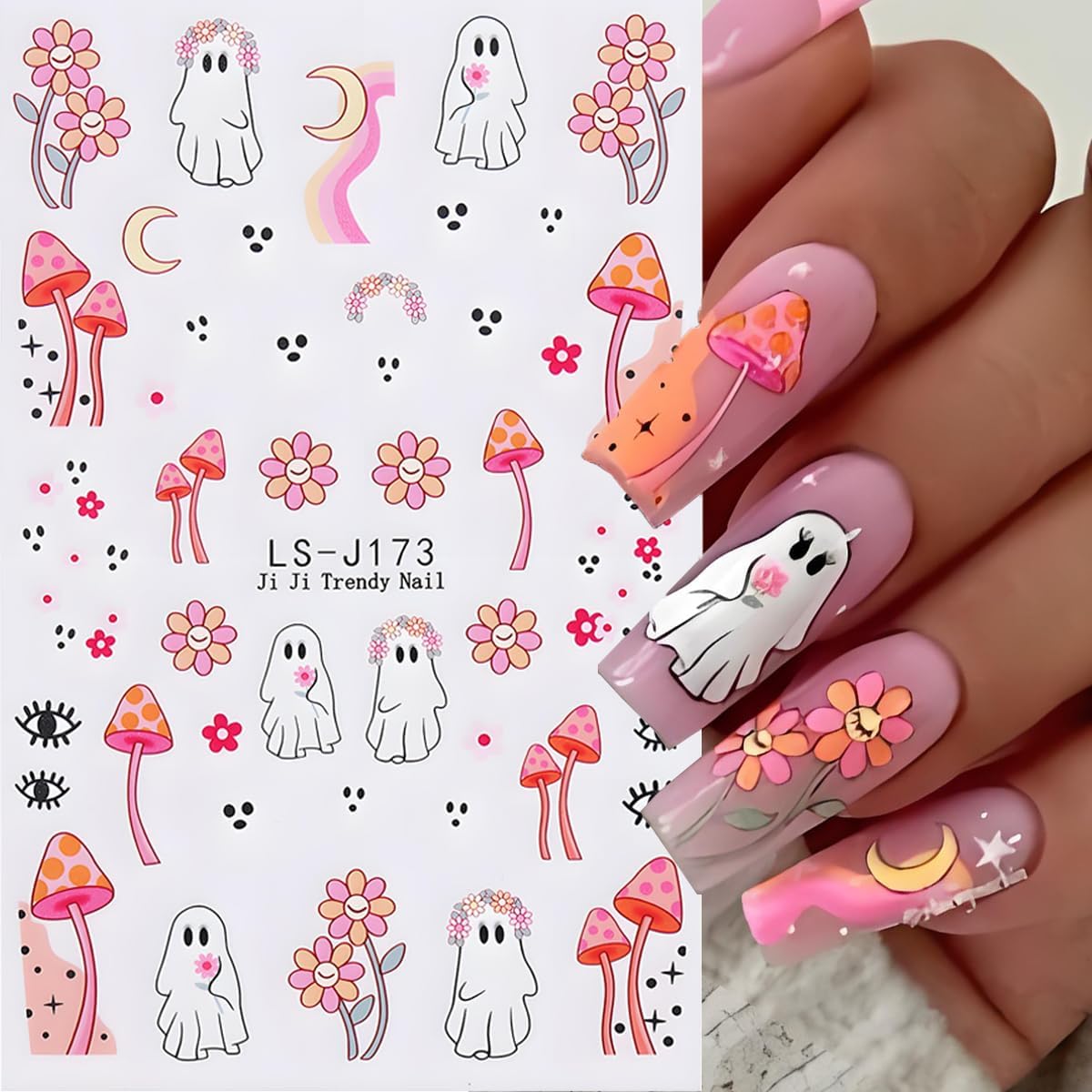 Halloween Nail Art Stickers Decals 3D Pumpkin Ghost Nail Decals 6PCS Skull Ghost Virus Leaf Bat Halloween Nails Design 3D Self-Adhesive Nail Art Supplies Manicure Sticker for Women Holiday Decoration