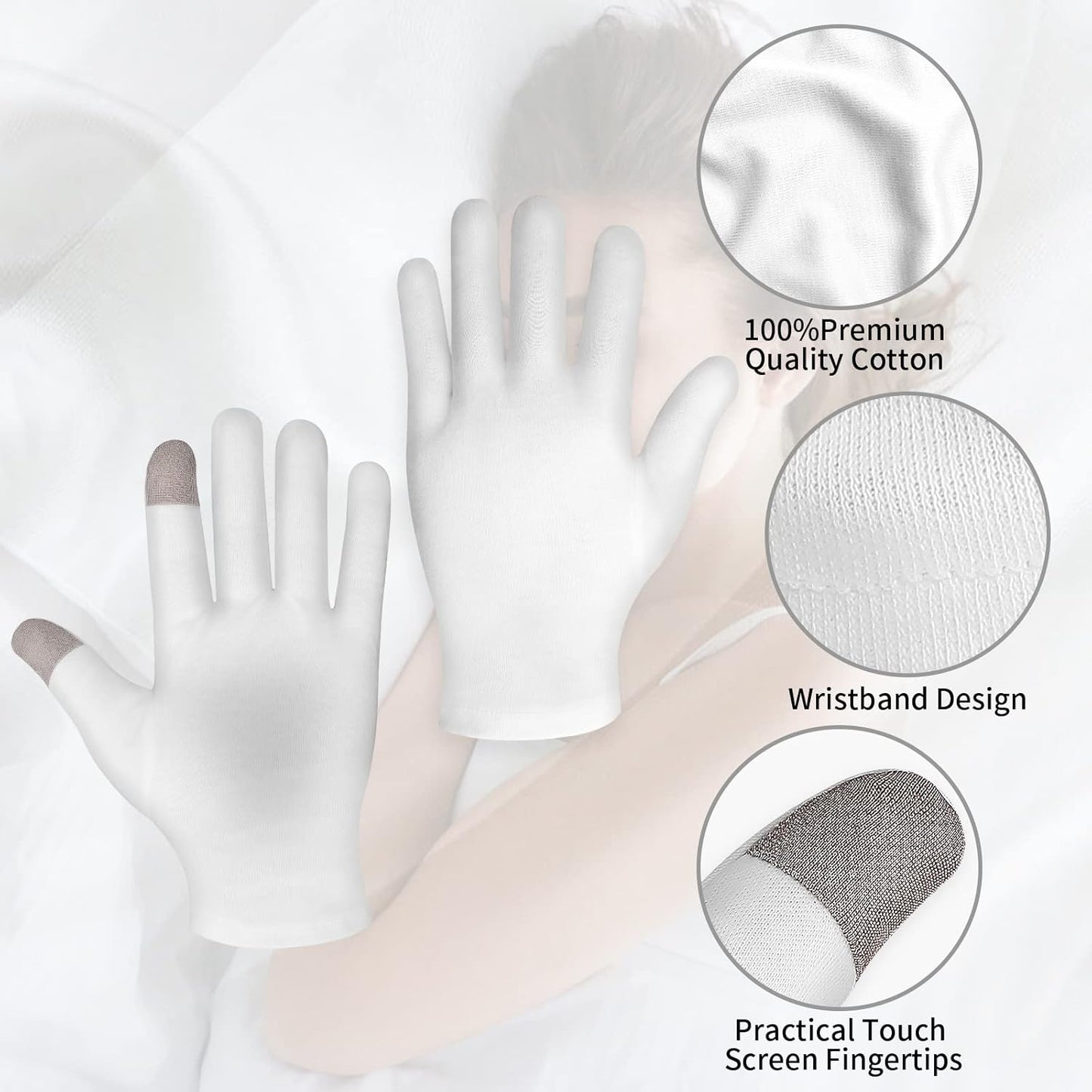 4 Pairs Touch Screen Moisturizing Gloves White Cotton Moisturizing Gloves Overnight Bedtime Heal Eczema Sleeping Lotion Hand Spa Treatment Gloves Repair Rough Cracked Dry Chapped Hands Skin(White)