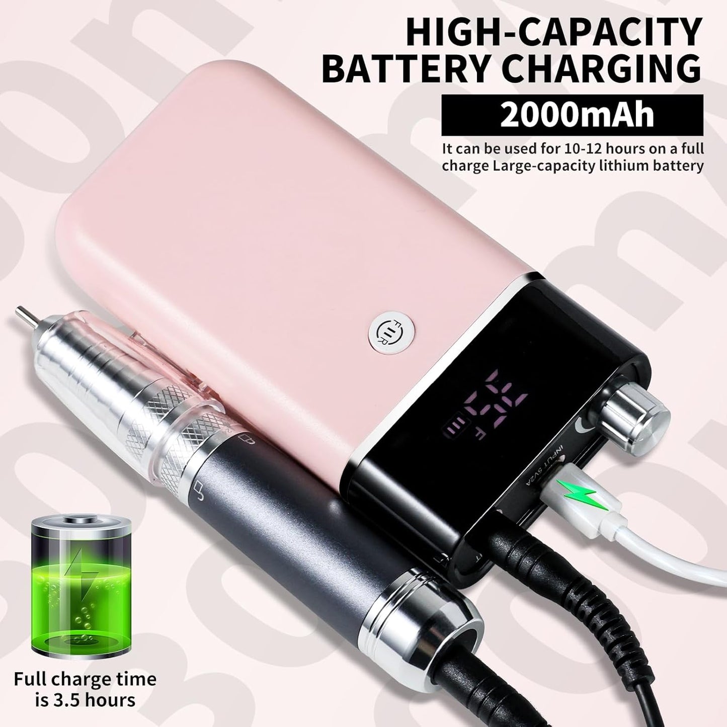 Professional Electric Nail Drill Kit Pink Portable Rechargeable Cordless Nail File Machine 35000 RPM with 7PCS Bits for Acrylic Gel Powder Nails Polish Pedicure Toenail Tool Salon Set