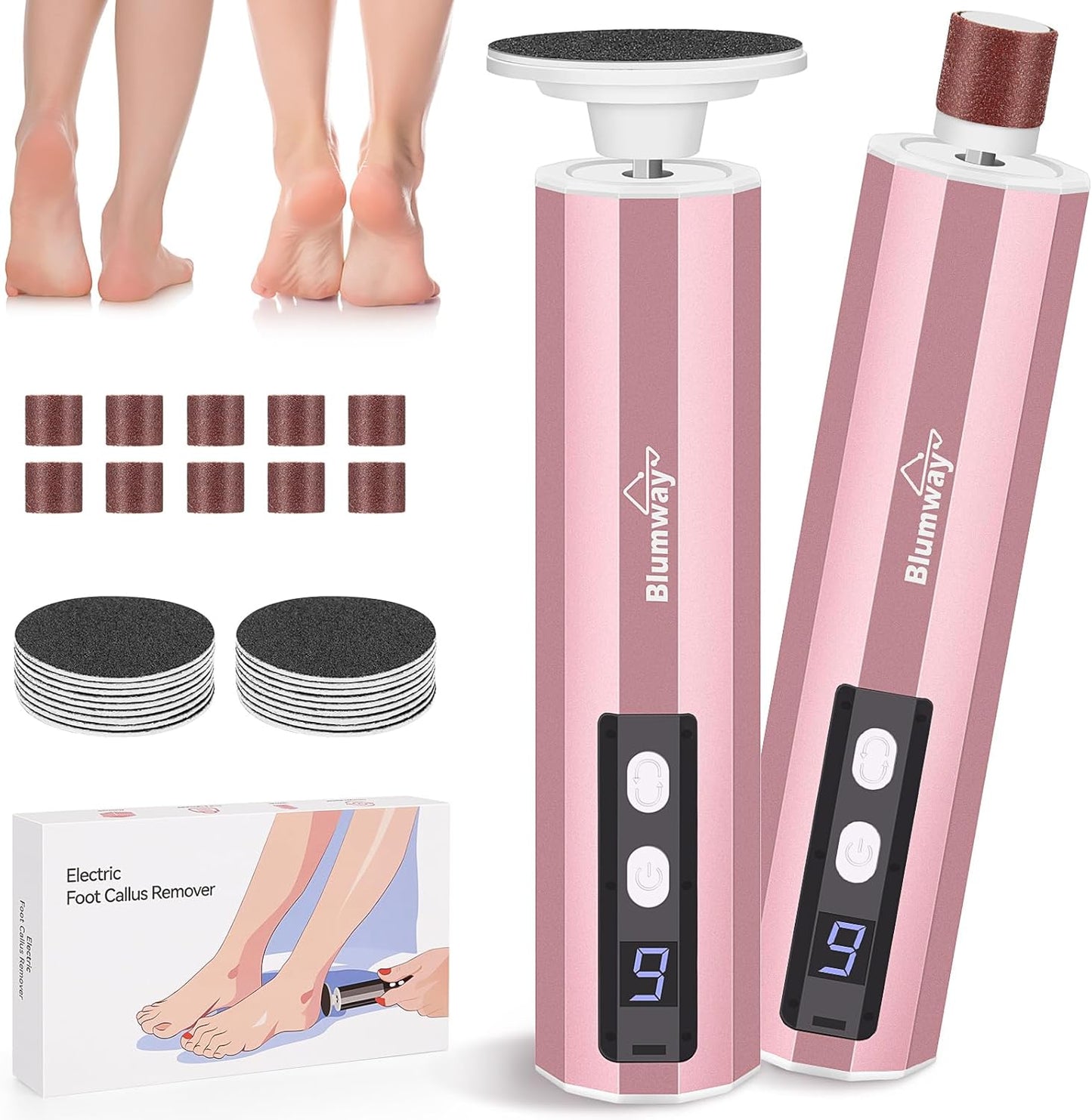 Blumway Electric Foot Callus Remover, 2 in 1 Electric Foot File Nail Grinder, 9 Adjustable Speeds &10+10+10 Replacement Sandpaper Pedicure Tools for Men Women Feet Dead Skin