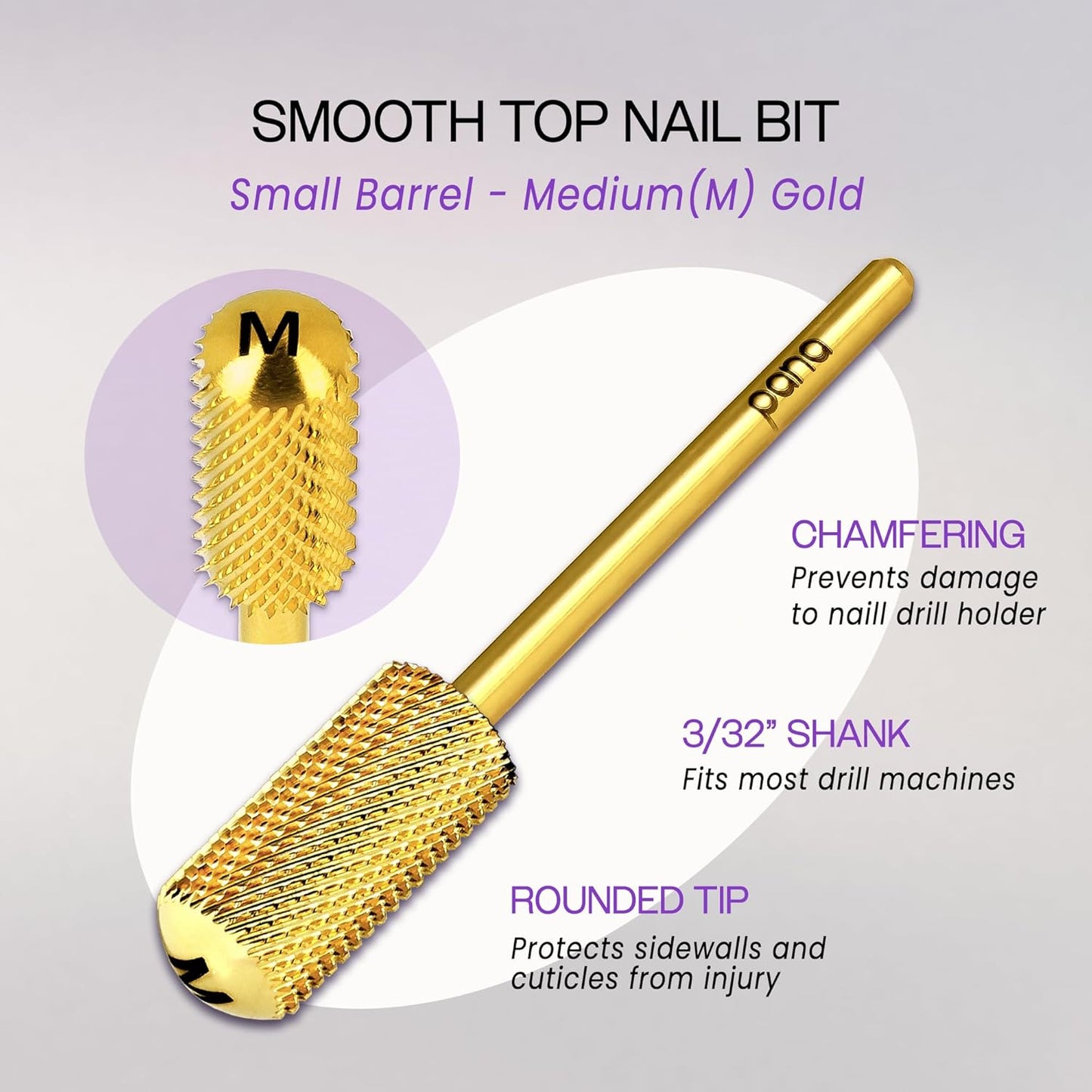 PANA 3/32" Small Smooth Round Top Safety Carbide Nail Drill Bit for Gel Polish & Acrylic Removal Nail Salon Manicure Pedicure Electric File Tools (Small Barrel - Gold, Medium)