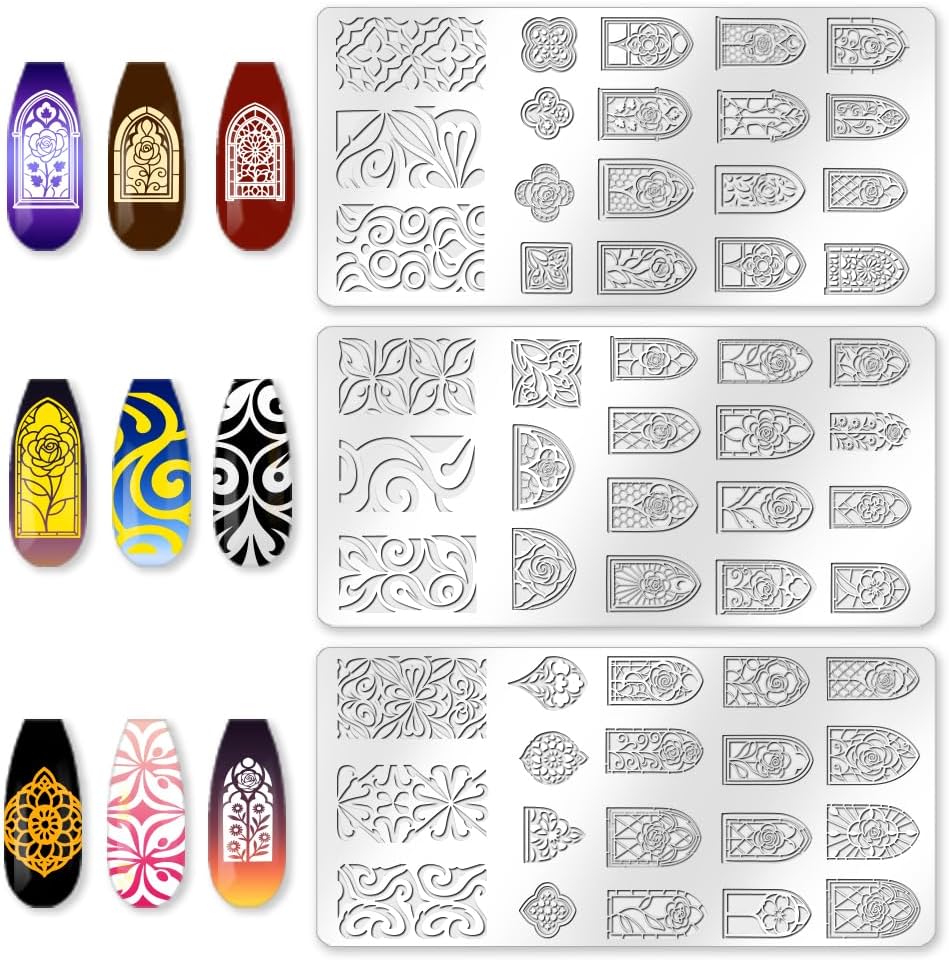 3Pcs Rose Window Nail Stamping Plate Flower Windows Nail Art Stamp Templates Stainless Steel Reusable Tools with Stamper Scraper for Manicure Printing