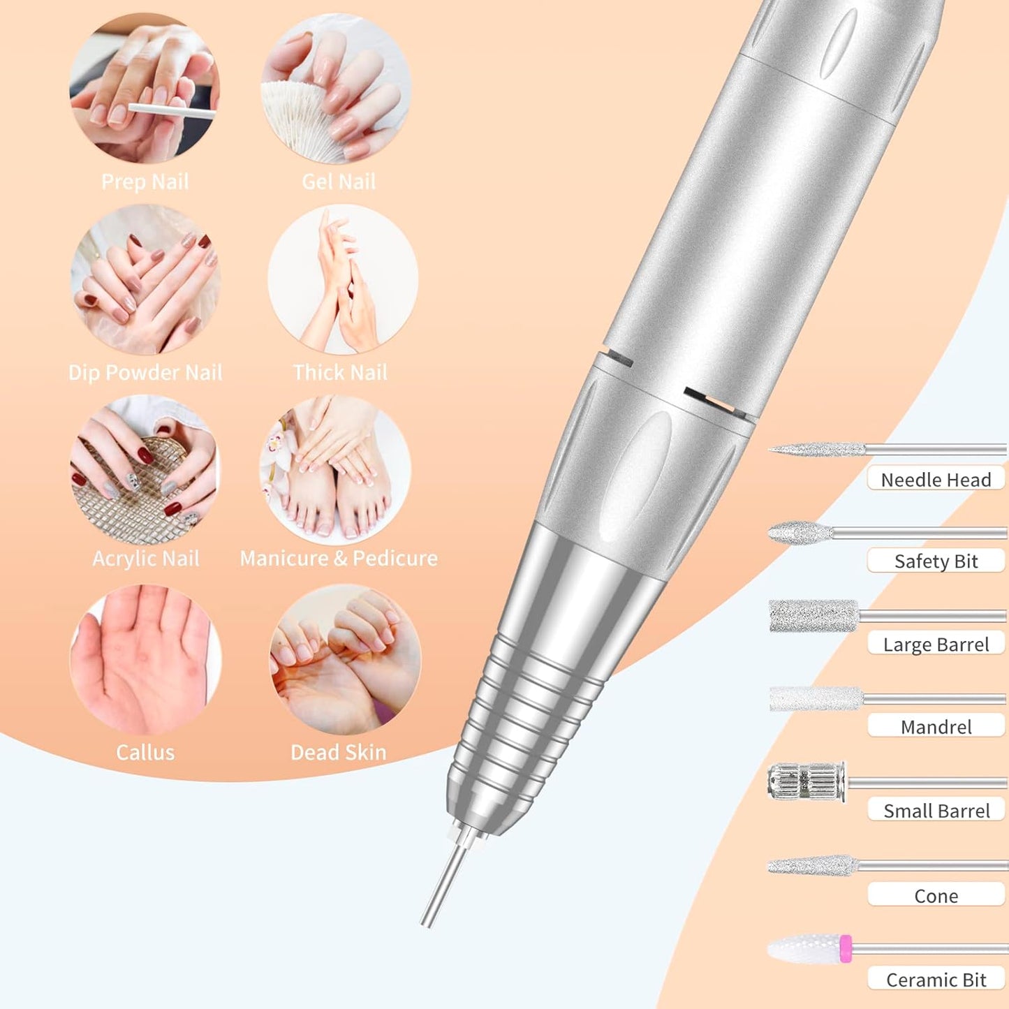 Portable Nail Drill Professional 35000 RPM, MOCOWIND Rechargeable Electric Nail File Machine E File for Acrylic Gel Polishing Removing, Cordless E-File with Bits Kit for Manicure Salon Home, Black