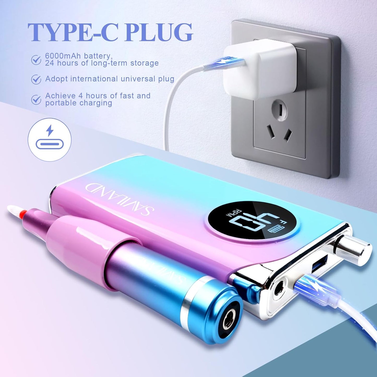 SAVILAND Electric Nail Drill 40000RPM Nail Drill Professional Machine with Nail Kit Portable Electric Nail File Electric for Nail Supplies Rechargeable Manicure Pedicure Salon Home