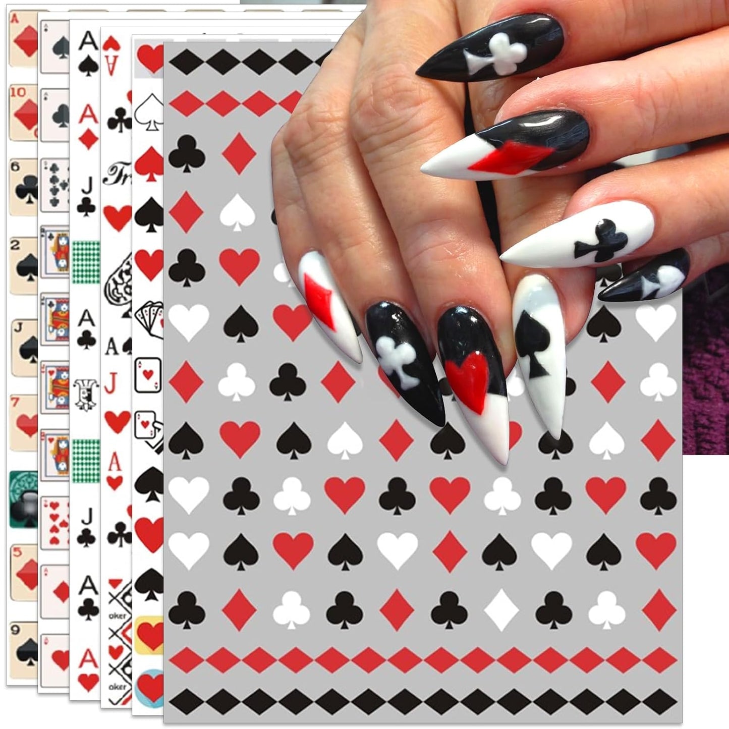 8 Sheets Poker Nail Art Stickers - Playing Card & Vegas Casino Theme Self-Adhesive 3D Nail Decals for DIY Slot Machine Winner Manicure