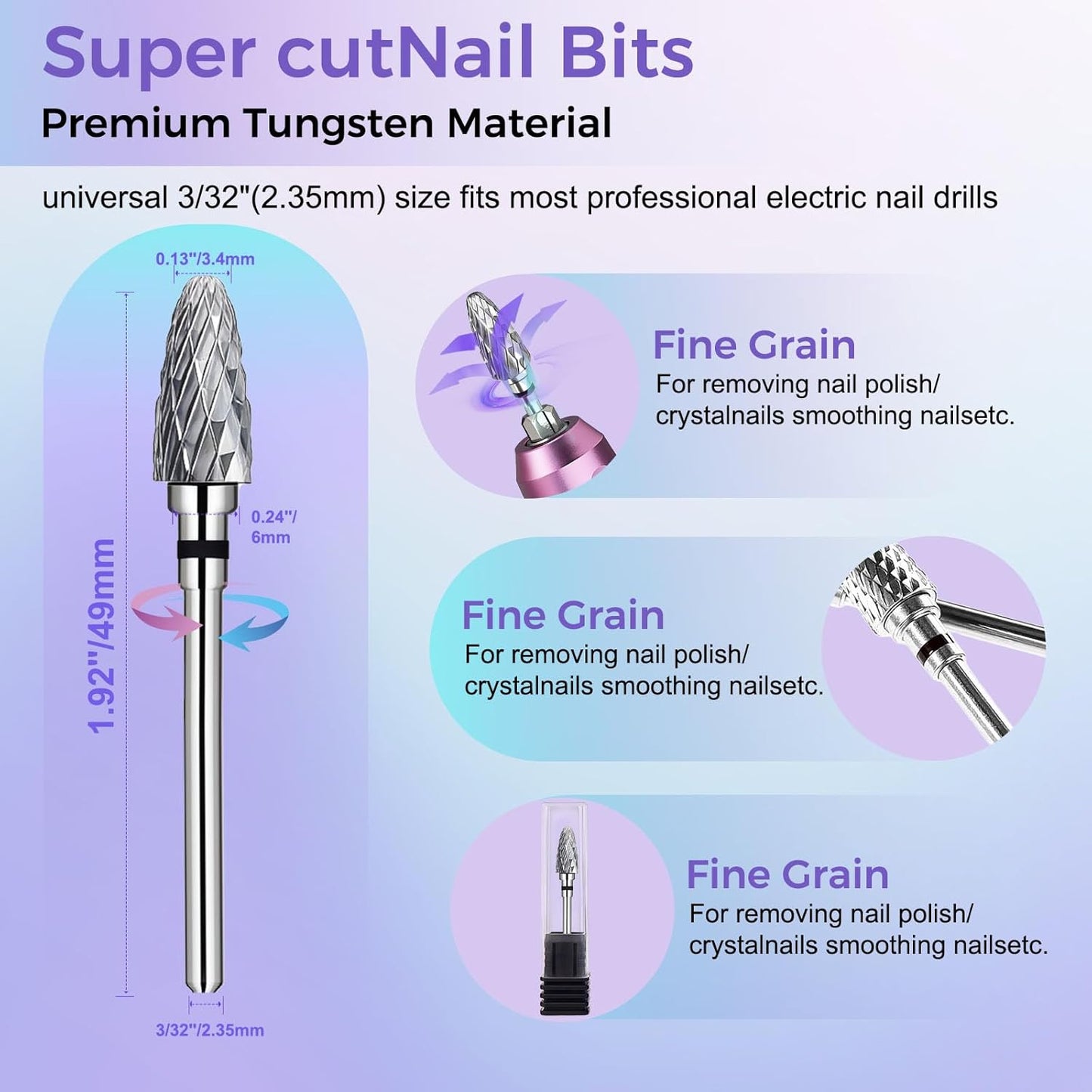Fantexy 3/32" Carbide Nail Drill Bit - Remove Acrylic Hard Gels Quickly and Safely,Professional Cone Tungsten Drill Bits Set Nail File Acrylic for Manicure,Pedicure,Cuticle Cleaner (Extra Coarse - XC)
