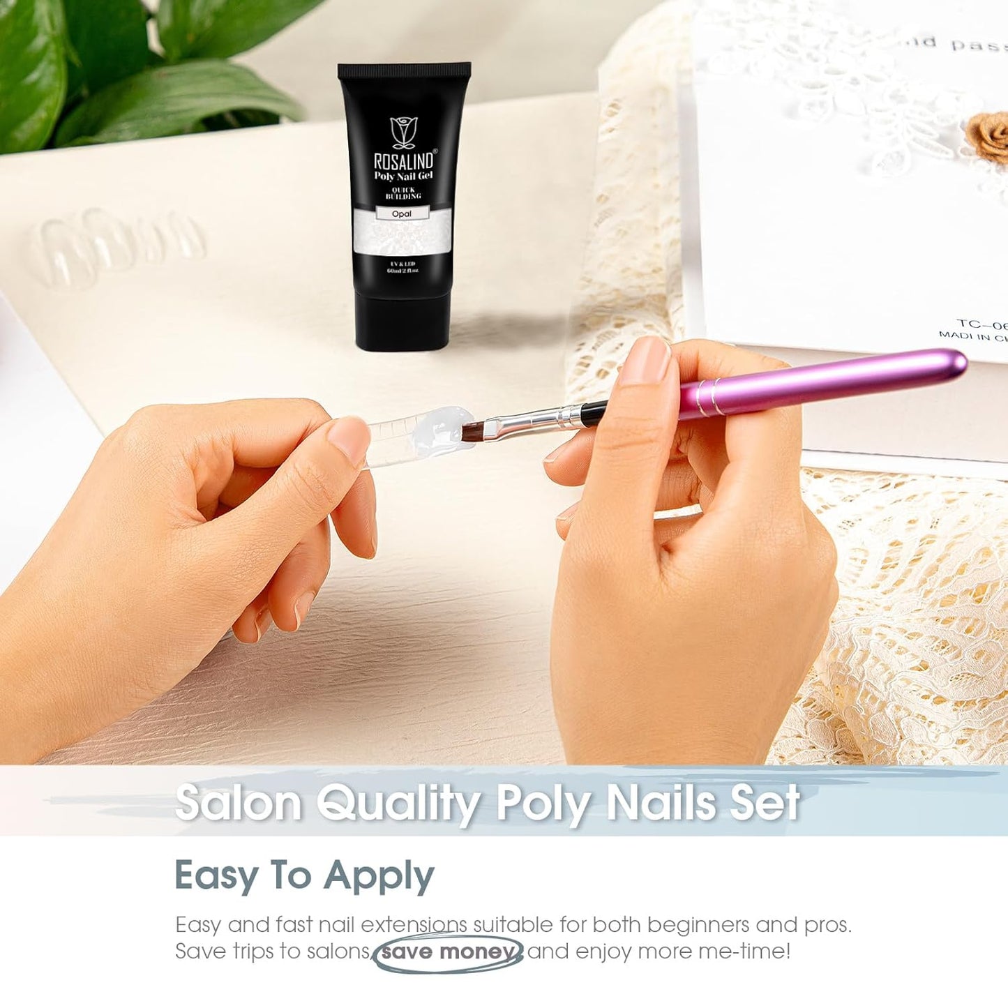 ROSALIND WhitePoly Extension Gel, 2oz/60ml White Poly Nail Gel for Nail Art Decoration, Pure Color Builder White Gel Nail Thickening Poly Extension Easy to DIY Use at Home Need UV Lamp