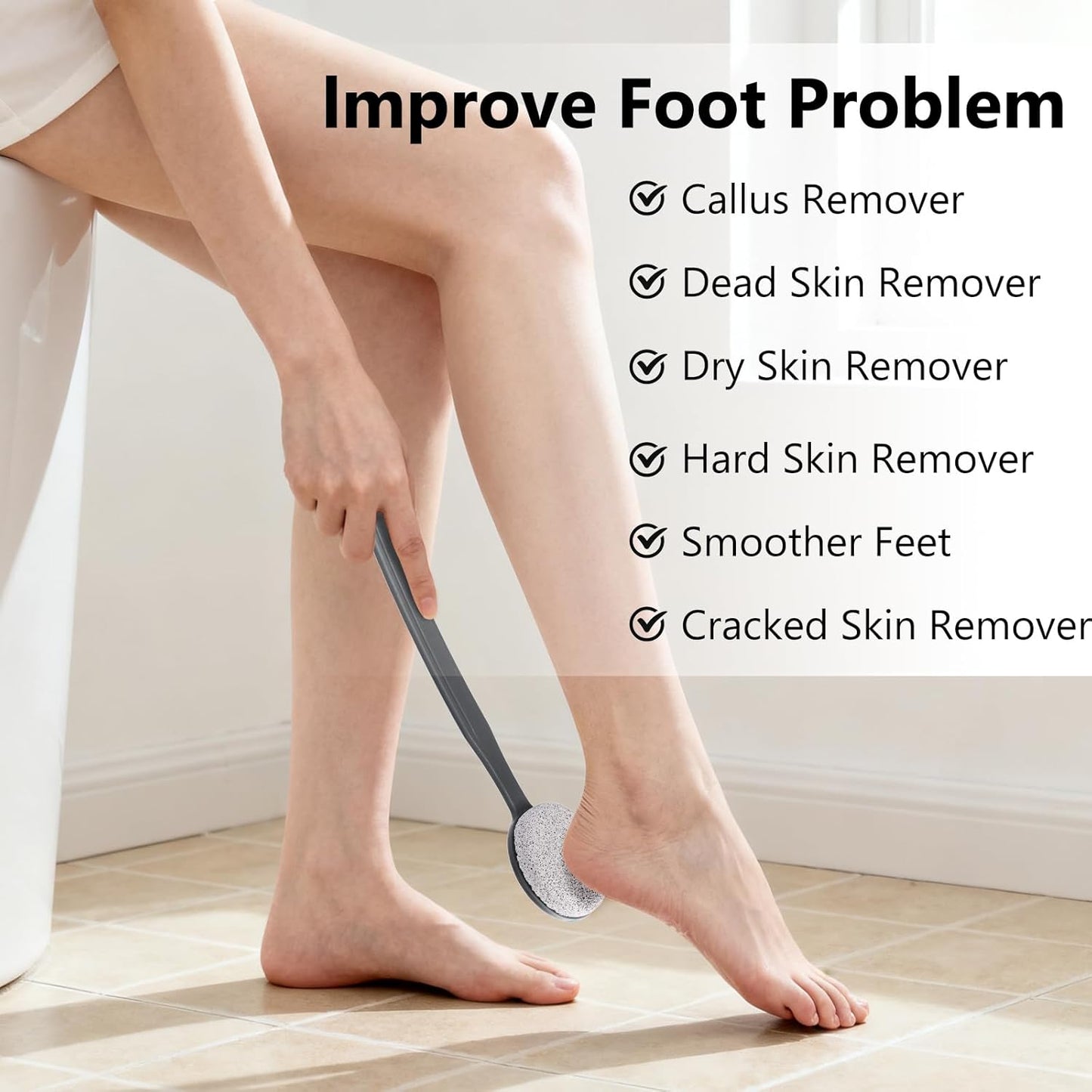 Pumice Stone for Feet with Long Handle 13.7", Hard Skin Callus Remover, Scrubber and Exfoliator for Dead Dry Skin, Softer & Smoother Feet, Pedicure Tool (Curved),Grey