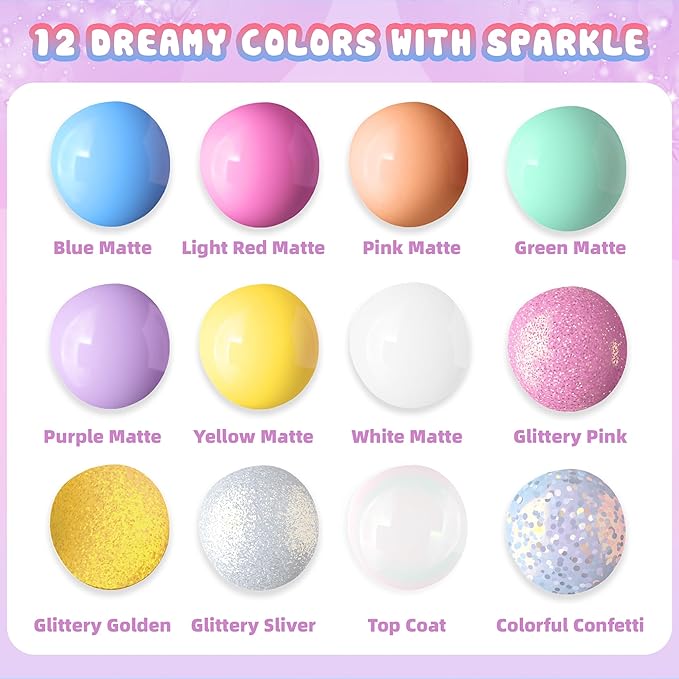 Tomons Nail Polish Set for Kids , 12 Colors Non-Toxic Water-Based Quick-Dry & Peel-Off DIY Nail Art Kit for Girls Ages 6+, Gifts for Halloween, Christmas, Birthday or Parties