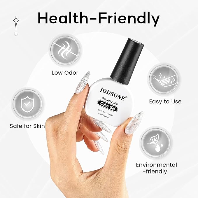 JODSONE Silver Glitter Gel Nail Polish 10ml Soak Off LED Nail Polish Silver Nail Color Salon Quality Vegan & Cruelty-Free Low Odor Need U V Lamp Curing