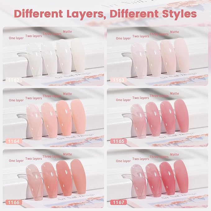 RARJSM Jelly Nude Gel Nail Polish Set 6 Transparent Neutral Skin Tone Colors Milky White Clear Pink Sheer Rose Red French Manicure LED UV Gelpolish Soak Off Curing Requires for Home Salon 7.5ml