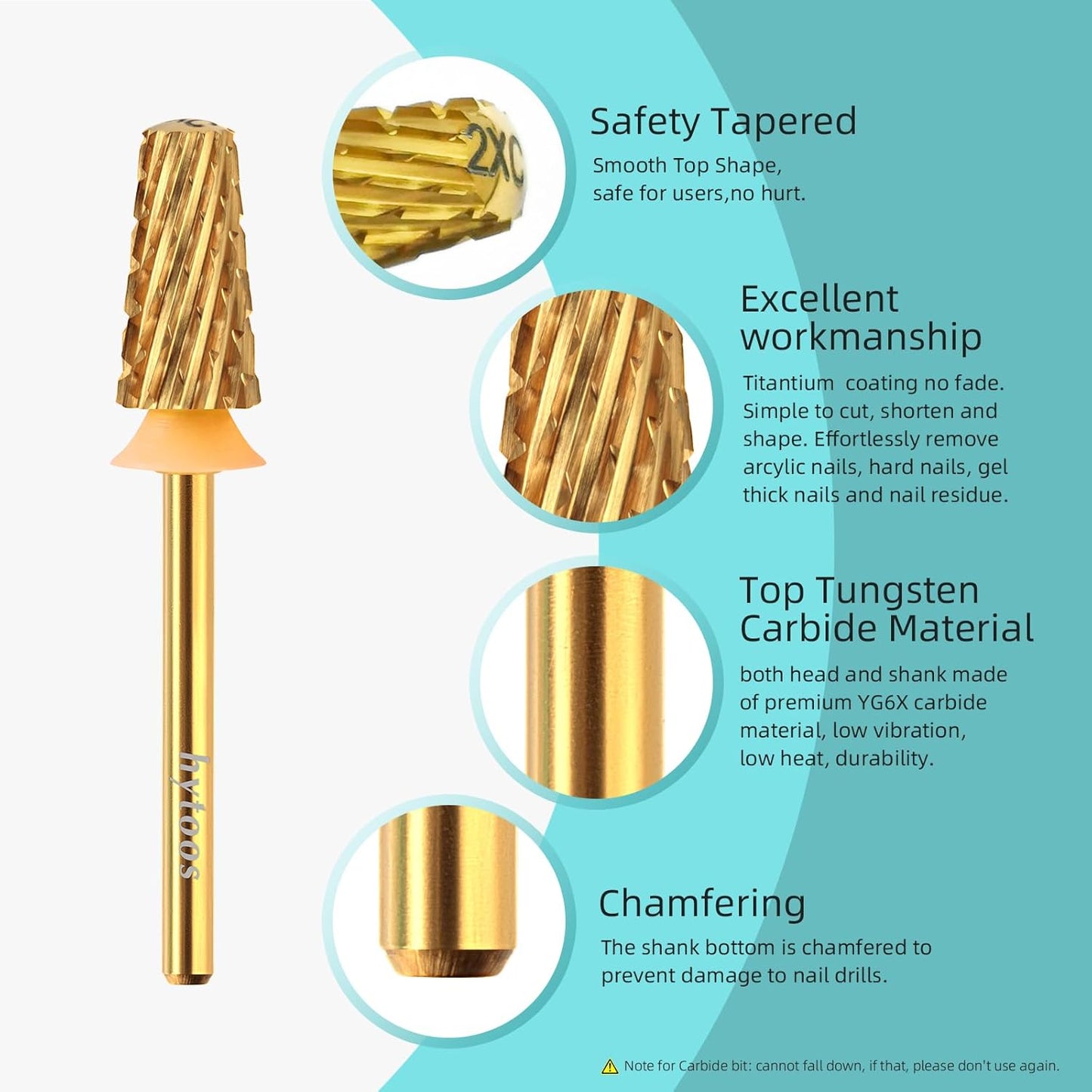 Safety Nail Drill Bits,Titanium Coating Carbide Tapered Nail Bit, 3/32 Two-way Smooth Top Rotate Drill Bits for Nails, Manicure Drills Accessories Removal Thick Gel, 2XC