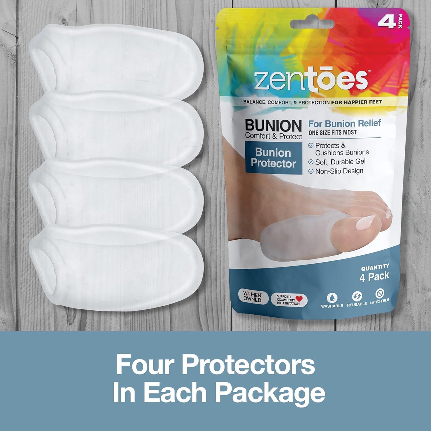 ZenToes Bunion Pads for Women and Men – Gel Cushions for Big Toe Relief, Reusable Bunion Corrector Guards for Blister Prevention and Foot Support, 4 Count