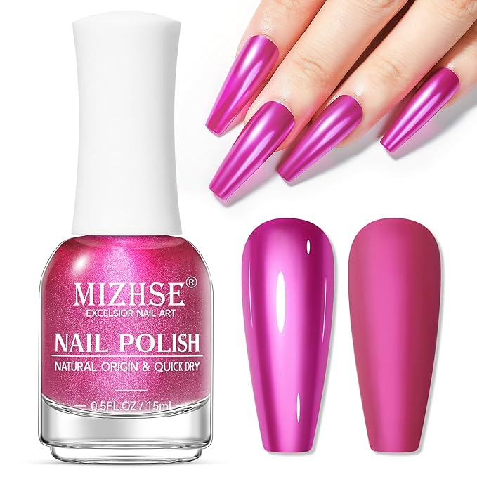 MIZHSE Rose Red Mirror Nail Polish, Quick Dry Metallic Nail Polish, Air Dry Fast Chrome Nail Lacquer Bright Color Oil-based Nail Art Manicure DIY Home