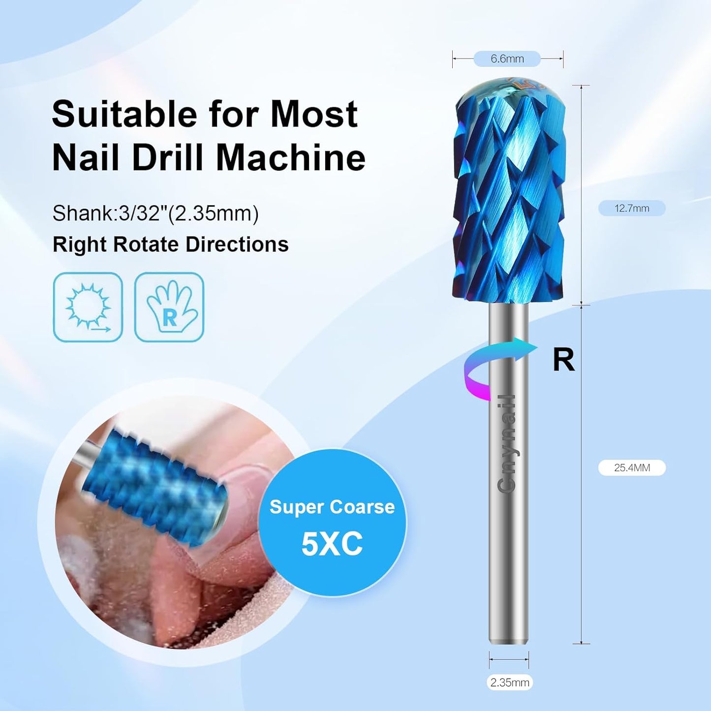 3/32" Large Barrel Smooth Round Top Tungsten Carbide Nail Drill Bit Safety Bit for Gel & Acrylic Removal, Right Way Rotating Efile Tip, Salon Electric File Accessory (5XC Grit, Blue)