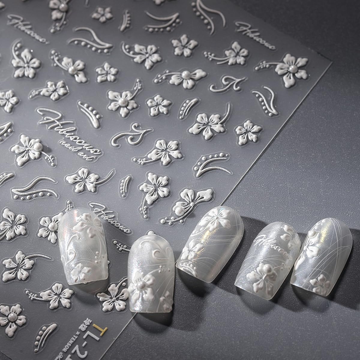 White Flower Nail Art Stickers Decals 5D Embossed Nail Decals Self Adhesive Diamond Flower Nails Stickers Spring Flower Nails Transfer Decals Floral Nails Supplies for Women Nail Art Decorations