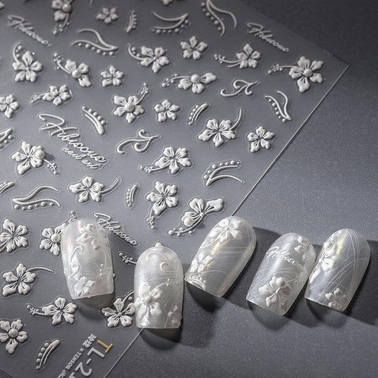 White Flower Nail Art Stickers Decals 5D Embossed Nail Decals Self Adhesive Diamond Flower Nails Stickers Spring Flower Nails Transfer Decals Floral Nails Supplies for Women Nail Art Decorations