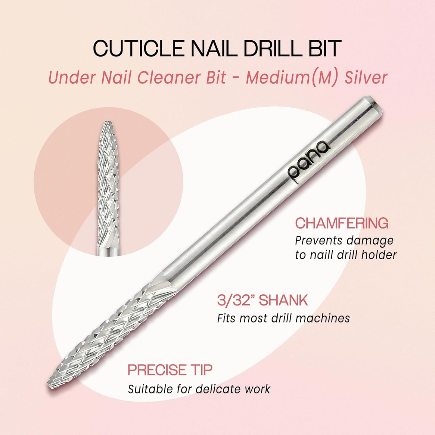 PANA 3/32" Carbide Cuticle Nail Drill Bit for Cuticle Cleaning, Dead Skin Removal, Gel Polish & Acrylic Removal, Under Nail Cleaner, Nail Salon, Manicure Tools (UNC - Silver, Medium)