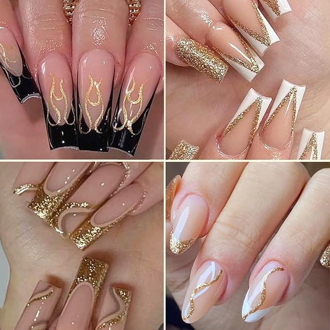 Gel Liner Art Set 2PCS Sparkle Glitter Silver Gold Gel Polish 8ml Soak Off UV Painting with Built in Thin Nail Brush Swirl Nails Design Dotting Drawing French Manicure Tip Tool