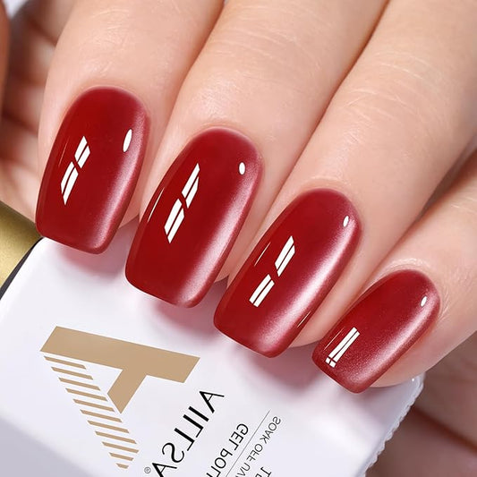 AILLSA Glass Cat Eye Gel Nail Polish, 15ml Red Glitter Jelly Sheer Gel Polish, Translucent Magnetic Shimmer Sparkle Nail Art U V Salon 0.5 OZ GF37