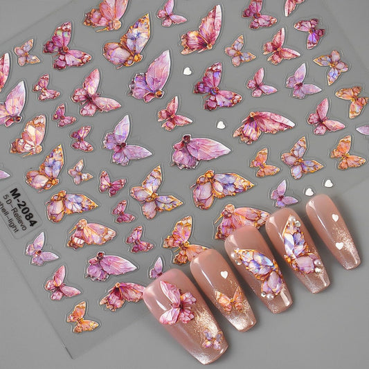 Butterfly Nail Art Stickers 5D Embossed Pink Butterfly Nail Decals Glitter Aurora Butterfly Nail Pattern Self-Adhesive Nail Art Supplies Butterfly Nail Stickers for Women Manicure DIY Nail Decoration