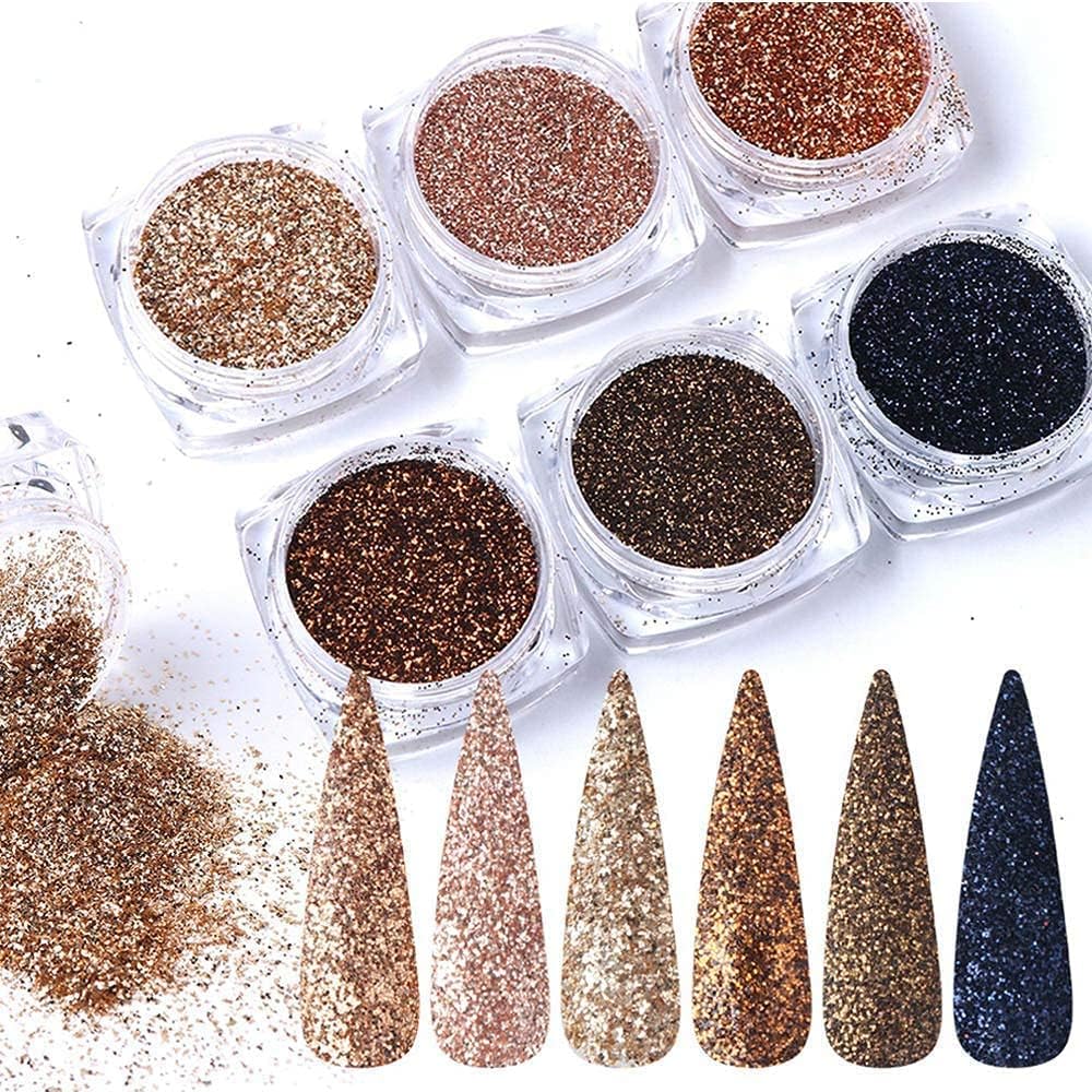 6 Boxes Holographic Sugar Glitter Nail Art Sequins Kits 3D Metallic Shining Flakes Acrylic Powder Dust for Women Nails Design Manicure Decorations