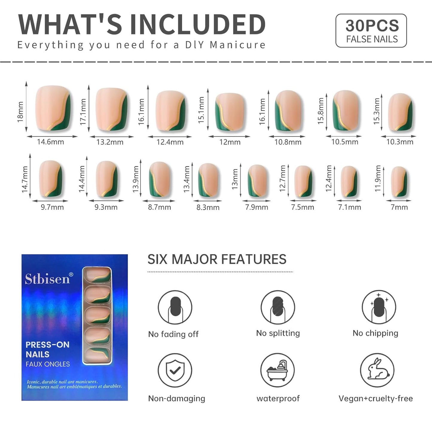 Green French Press-On Nails with Gold Wave Design, Nude Base Short Square Shape, Glossy Gel Finish, 30pcs Reusable Acrylic False Nails Kit for Women, Easy Stick-On Manicure
