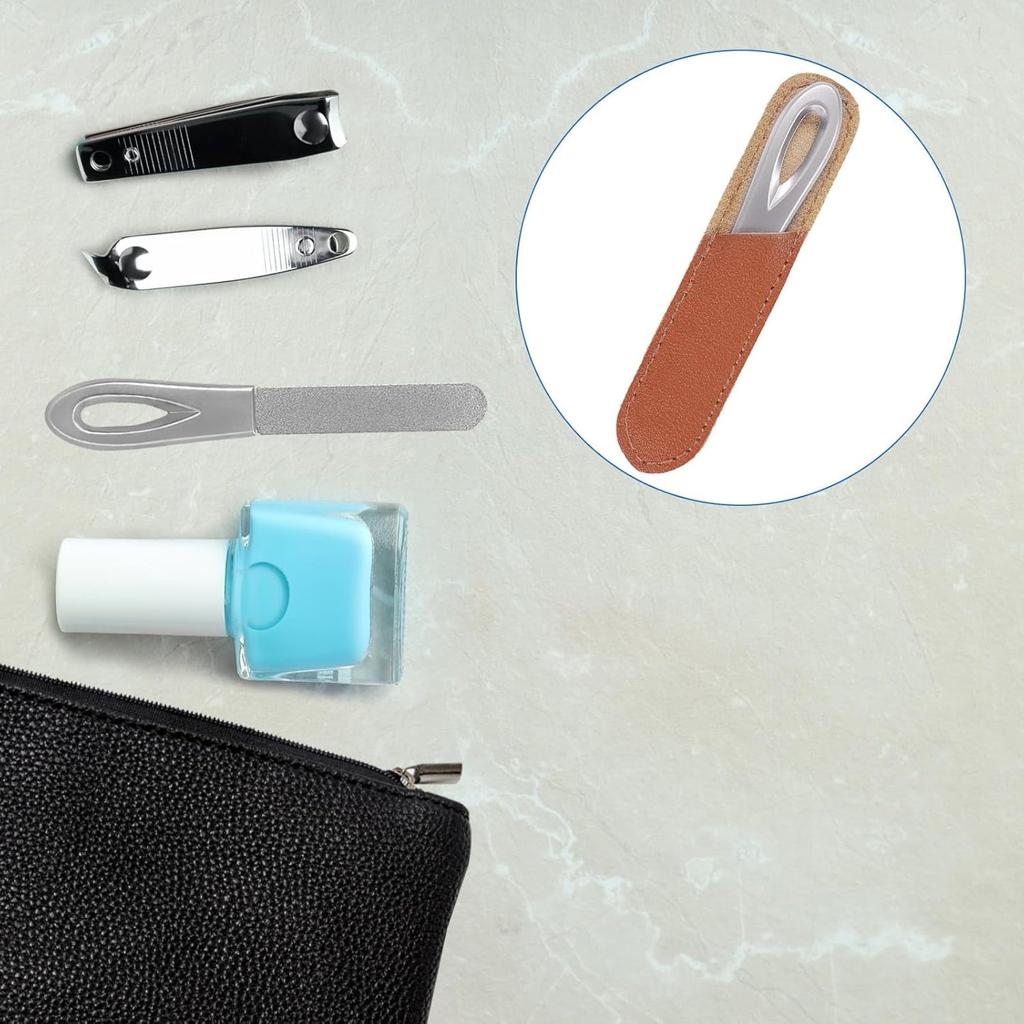 Metal Nail File with Case, 2 Pack Nail Files for Natural Nails, Fingernail Files Diamond Round Tip Stainless Steel Double Sided Fine Grit Sapphire Filer with Sheath Leather Cases Travel Silver Brown
