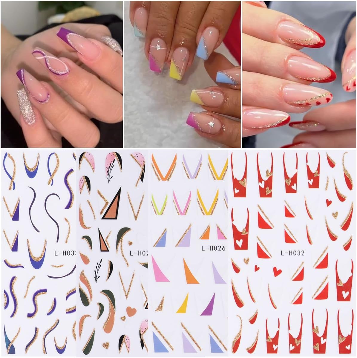 12PCS Line Nail Stickers 3D Colorful Lines Nail Decals Self-Adhesive Nail Art Supplies Gold Glitter Curve Waves Pink Stripes Nail Designs French Nail Tips DIY Manicure Decoration Accessories for Women