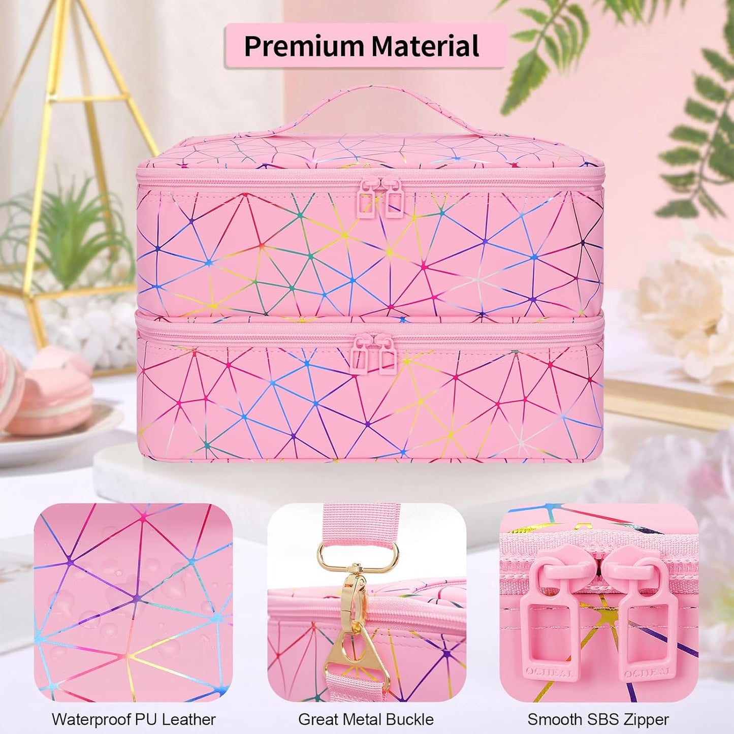 Ethereal Nail Polish Organizer Case Holds 50+ Bottles (5ml/0.5fl.oz) and Nail Lamp, Leather Nails Storage Organizer with Compartment, Diamond Pink