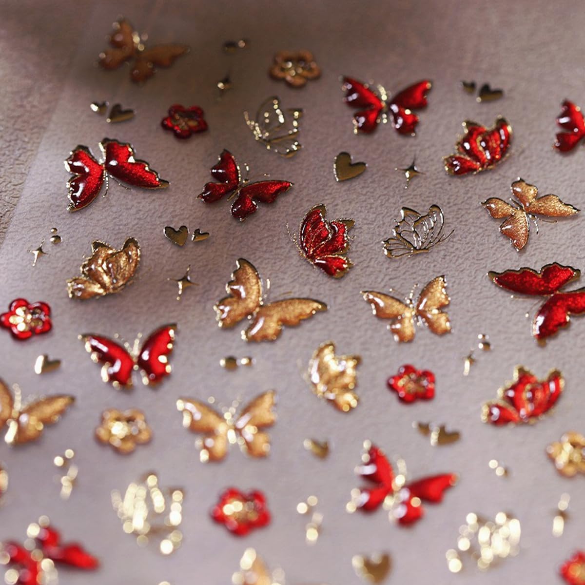 5D Embossed Butterfly Nail Art Stickers - Red & Gold Butterfly Nail Decals for DIY Manicure