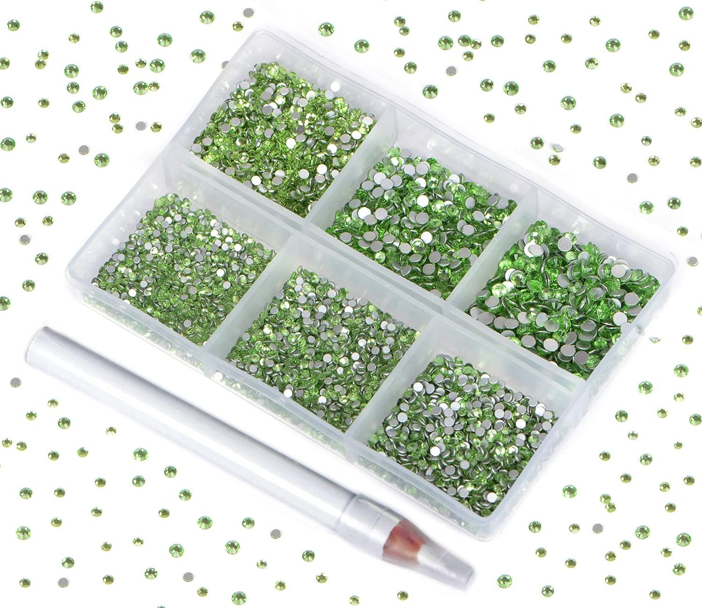 Bymitel 7200 Pieces 6 Mixed Sizes Glue Fix on Glass Rhinestones Round Crystal Gems Flatback for DIY Jewelry Making with one Picking Pen(6-Sizes 7200PCS, Peridot)