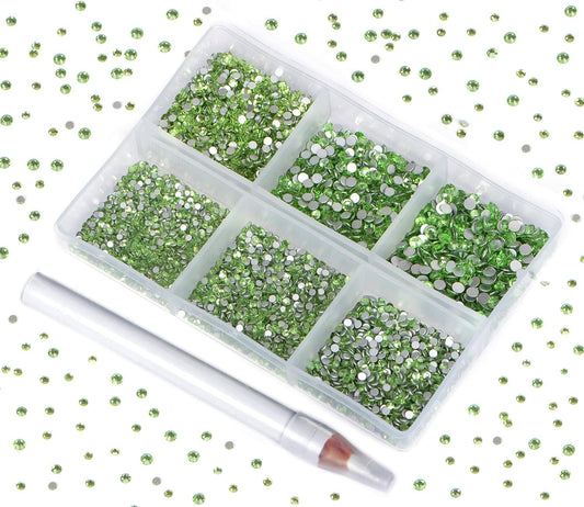 Bymitel 7200 Pieces 6 Mixed Sizes Glue Fix on Glass Rhinestones Round Crystal Gems Flatback for DIY Jewelry Making with one Picking Pen(6-Sizes 7200PCS, Peridot)