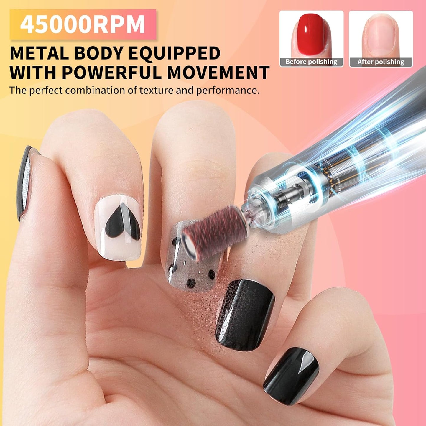 LIMEGIRL Professional Electric Nail File Drill Bits Kit 45000RPM for Acrylic Toenail Machine Clippers with 14 Drill Bit Gradient Yellow Portable Rechargeable Cordless
