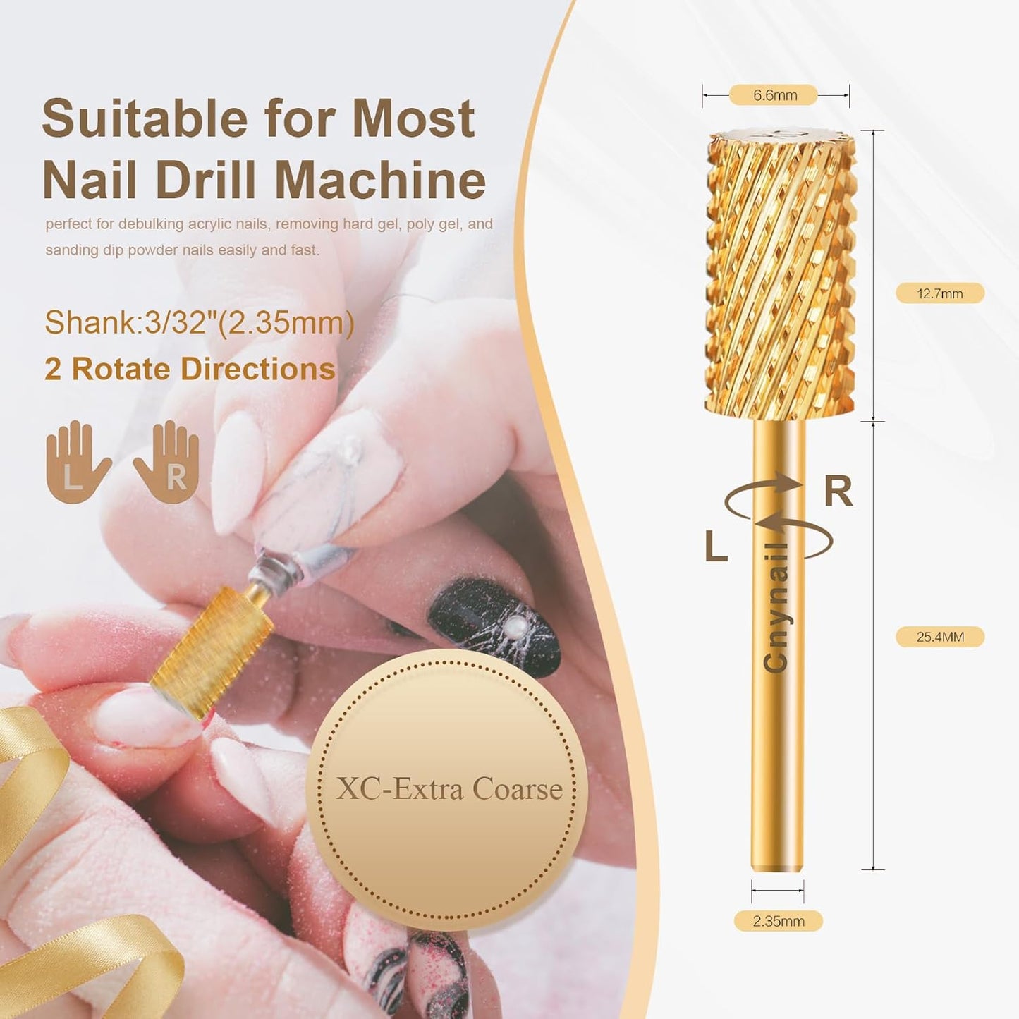 3/32" Large Barrel Flat Top Tungsten Carbide Nail Drill Bit Safety Bit for Gel & Acrylic Removal, 2-Way Rotating Efile Tip, Salon Electric File Accessory (XC Grit, Gold)
