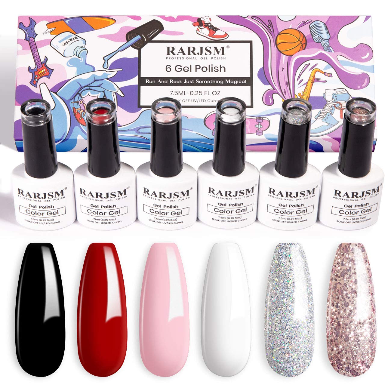 RARJSM Gel Nail Polish Kit, Glitter Rose Gold Silver Gel Polish, Pastel Pink Classic Red Black White Nail Polish Set, Curing Required Nail Art Manicure Salon 7.5ML Each Bottle