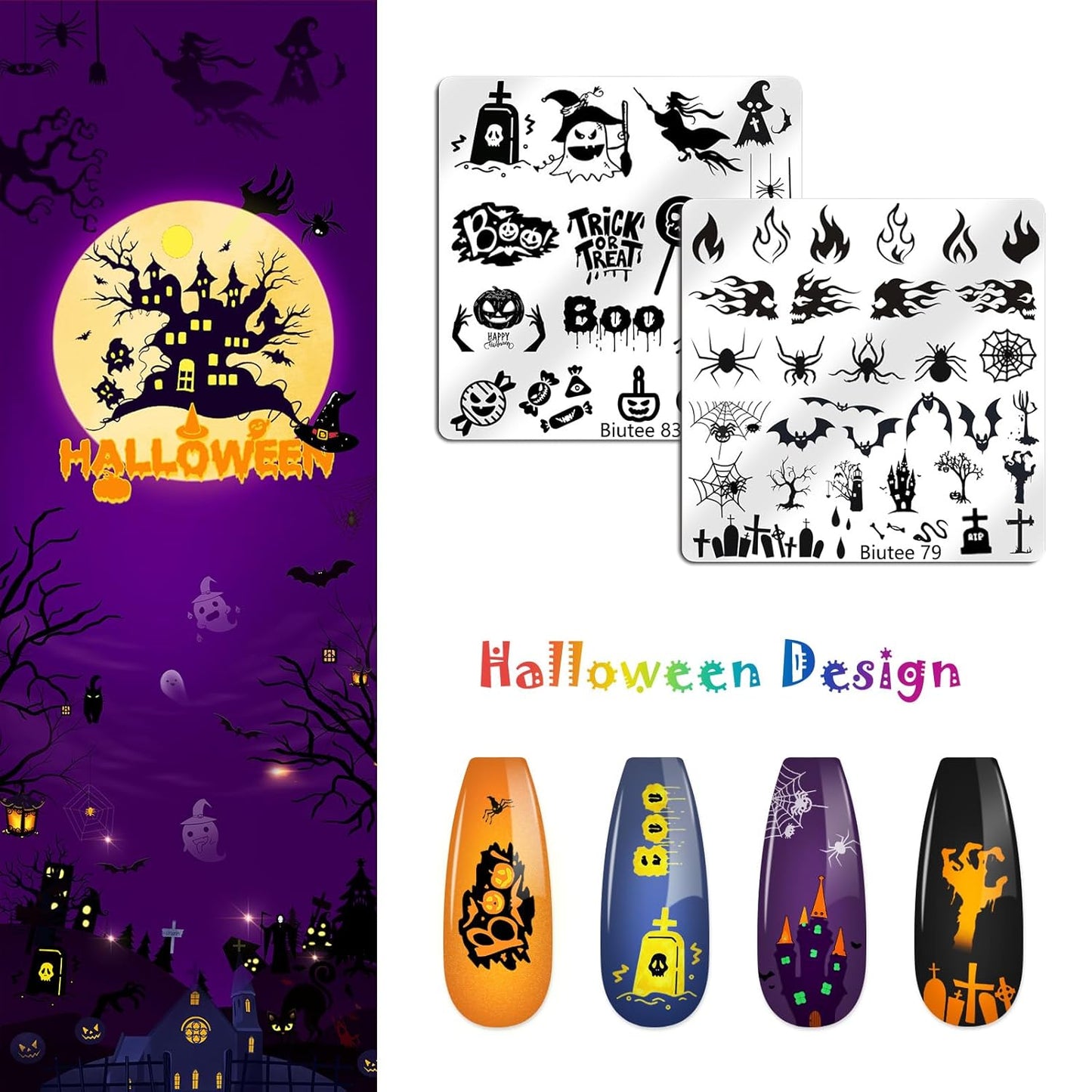 Biutee Nail Stamping Plates Set 16PCS Nail Stamper Kit with Nail Stamper, Scraper & Storage Bag Nail Art Stamping Plates Halloween Christmas Butterfly Star Flower Leaf Bowknot Design Nail Stamping Kit