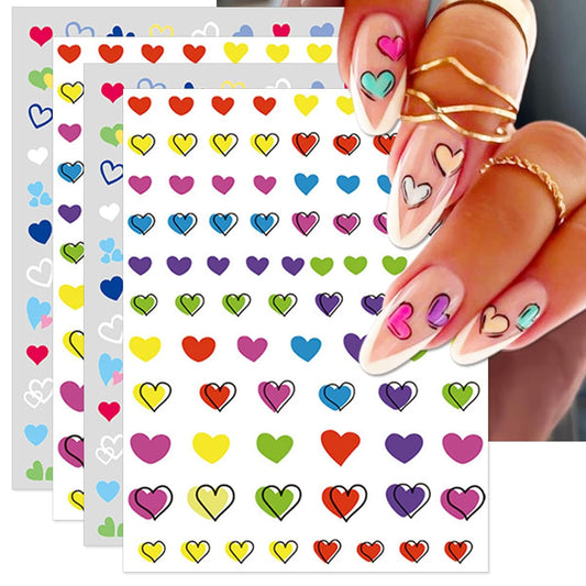 Valentine's Day Nail Art Stickers - Cute Colorful Heart Nail Decals, Self-Adhesive Rainbow Pride Love for DIY 3D Nail Supplies Decoration (4 Sheets)
