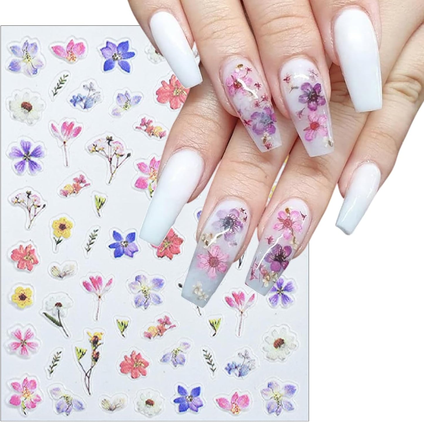 3 Sheets Spring Colored Glitter Flowers Nail Art Stickers 3D Self-Adhesive Gradual Smudge Flowers Pink Dried Flower Pattern Pink Petal Design Nail Decals for Women DIY Nail Art Decorations