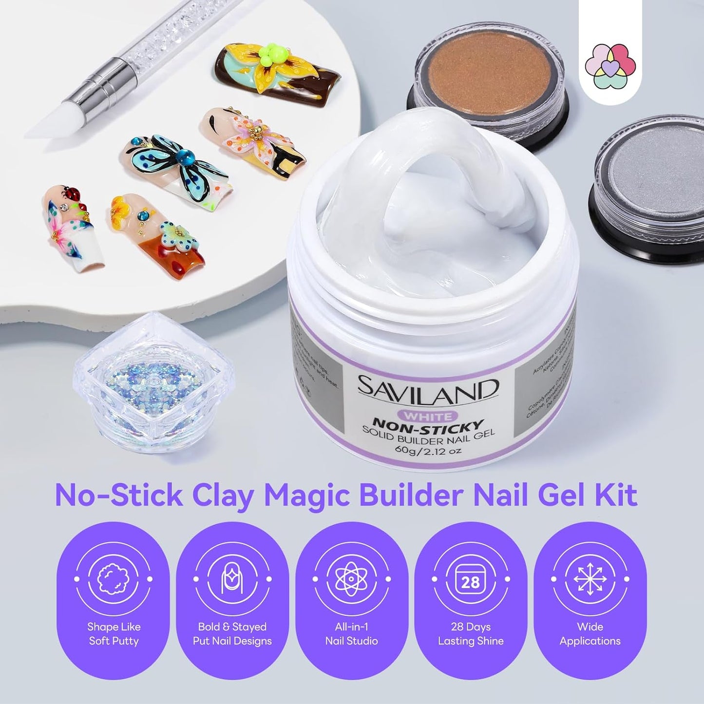 SAVILAND White Solid Builder Nail Gel Kit: Non-Sticky 60 g Sculpture Gel for Nail Art with Chrome Powder Sequins Sculpture Pen Non-Wipe Extensions 3D Nails Art Designs DIY Home