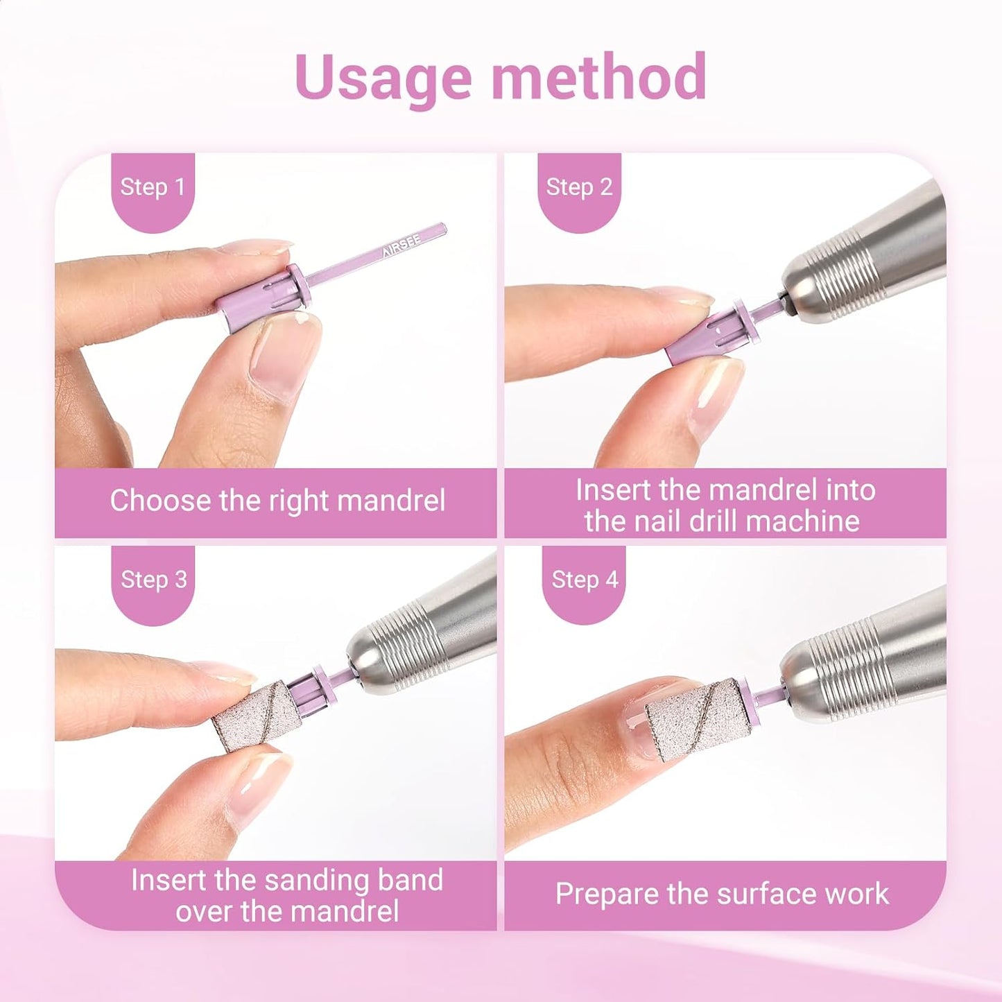 AIRSEE Nail Drill Mandrel Bit for Efile Sanding Bands, Stainless Steel Professional Electric File Head for Clean Cuticle Removing, Acrylic Tip Dead Skin Sander Remover Manicure Safety (Pistil Pink)
