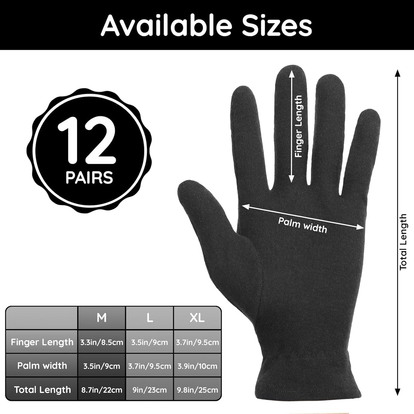 Segbeauty 24 Counts Elastic Lotion Cotton Gloves Black for Dry Hands Overnight, 12 Pairs Hand Moisturizing Gloves Overnight with Elastic Band, Hand Care Reusable Moisture Cotton Glove for Men & Women