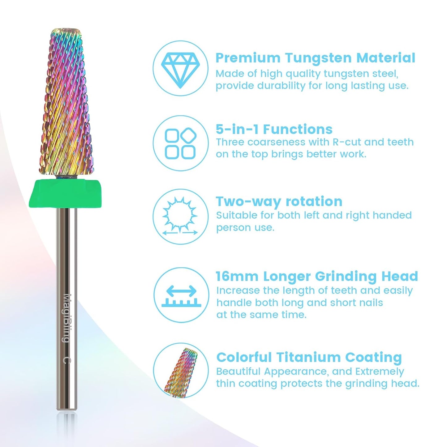 C 5 in 1 Nail Drill Bits, 16mm Tapered 3/32'' Professional Tungsten Carbide Bits for Efile, 2 Rotation for Electric Drill, Remove Thick & Soft Gel Fast, Manicure Cuticle Polishing, Techs Bits, Coarse.