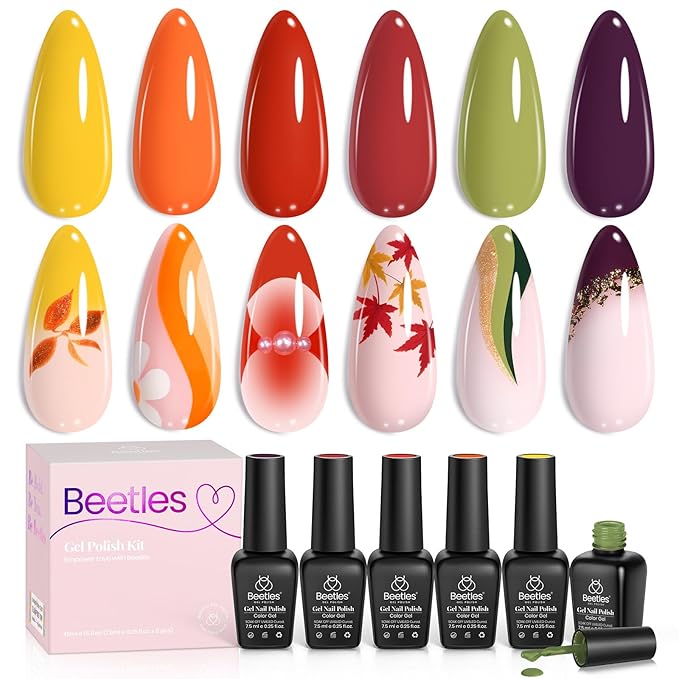 Beetles Fall Gel Nail Polish Set – 6 Colors Red Purple Orange Yellow Green Gel Polish Kit, Soak Off UV LED Gel Nail Polish for Fall Manicure Nail Art Gift for Women