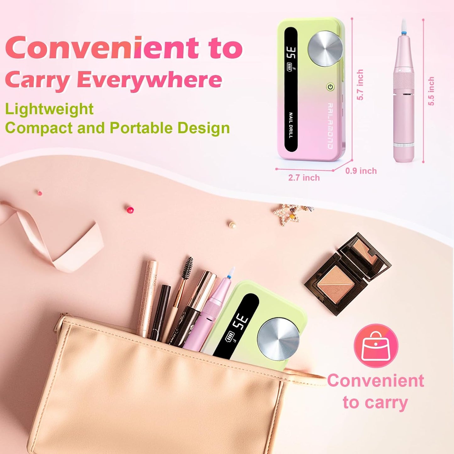 Electric Nail File, 35000RPM Nail Drill Kit with Bits, Professional Nail Drill Cordless for Acrylic Nails, Portable Rechargeable Nail Filer Electric, Efile Nail Drill Acrylic Nails Tool (Yellow Pink)