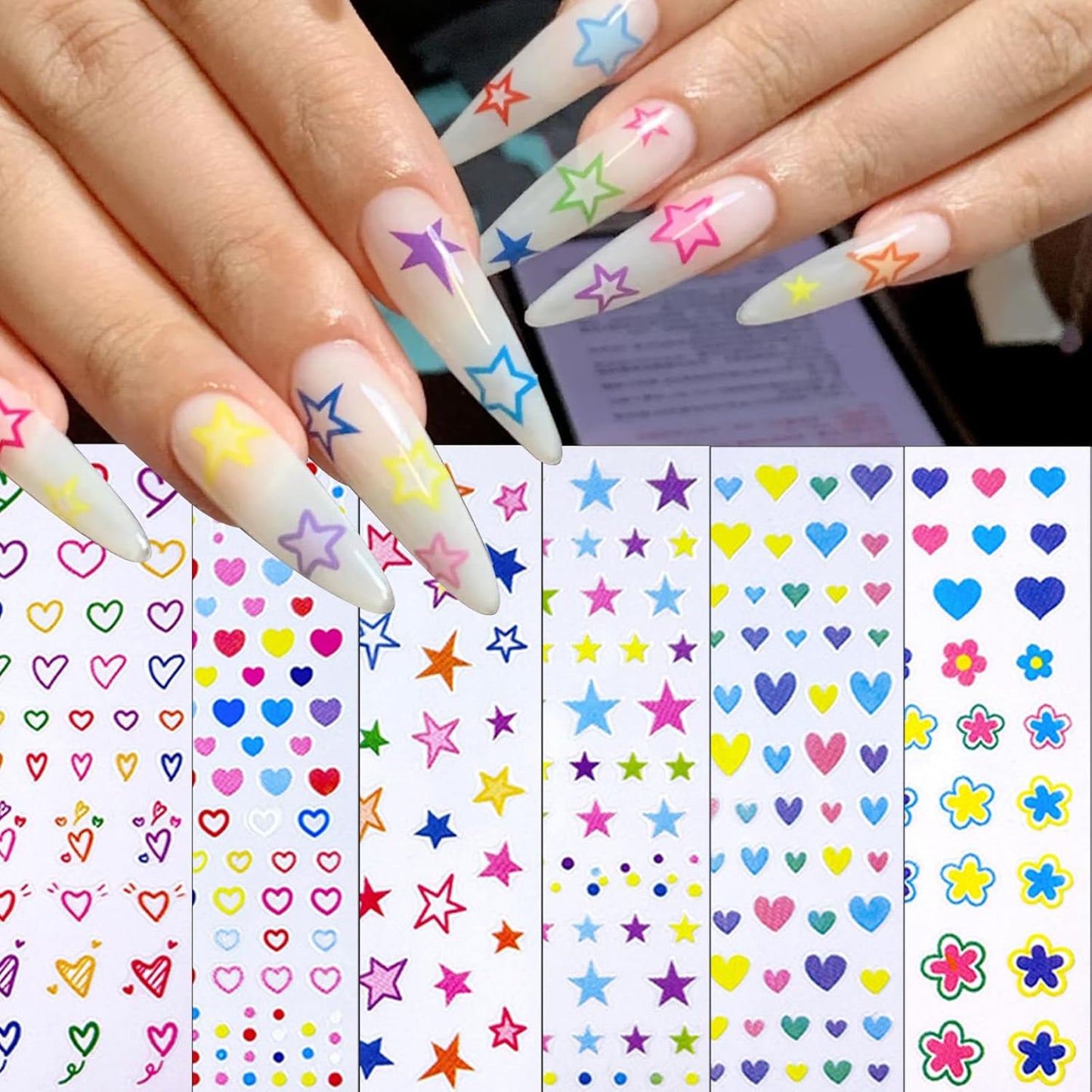 6 Sheets Sparkling Colorful Five-Pointed Star Nail Art Stickers 3D Self-Adhesive Heart Nail Sticker Colorful Summer Flower Design Nail Decals Supplies for Women Girls DIY Manicure Decoration
