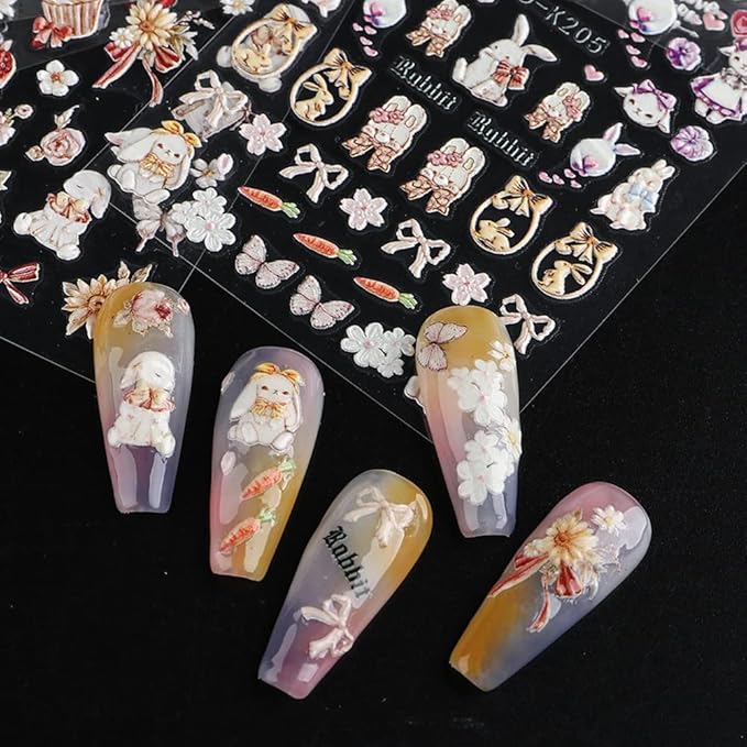 SINSEN Easter Nail Art Stickers Cute Bunny Nail Decals, 3Sheets 5D Embossed Easter Day Nail Art Supplies Cartoon Rabbit Butterfly Flower Nail Stickers for Acrylic Nails Women Easter Nail Decorations