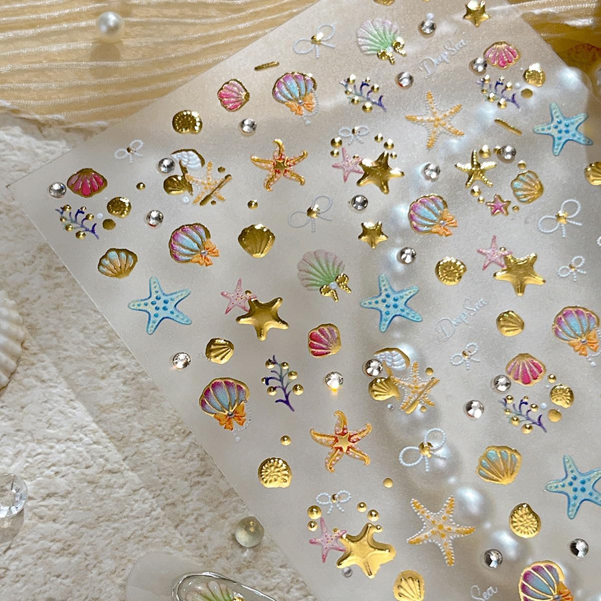 1 Sheets Gold Shell Nail Stickers for Nails Art 5D Embossed Self-Adhesive Summer Nail Art Stickers Ocean Star Jellyfish Design Beach Nail Decals Nail Art Supplies for Women Acrylic Manicure Salon